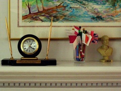 Clock, flags, and statue