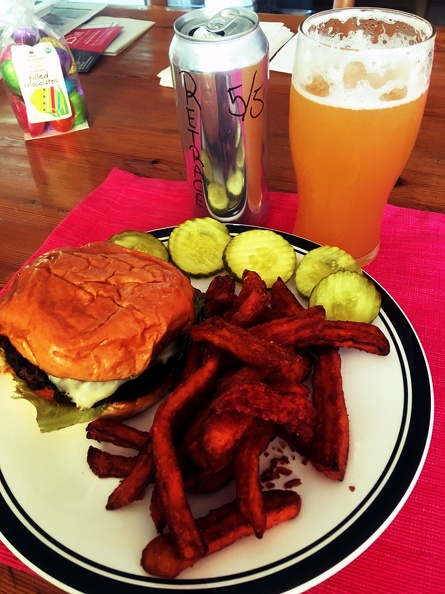 Burger, fries, and beer from Mystic Station