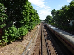 Commuter rail train seen from Mountain Ave, Malden
