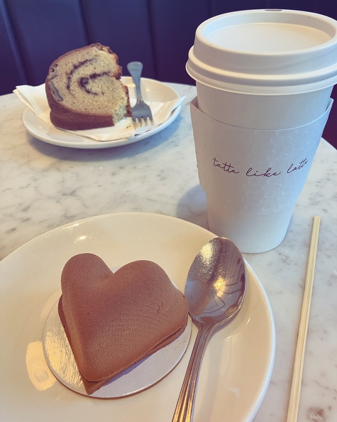 Coffee and heart-shaped mousse at Tatte